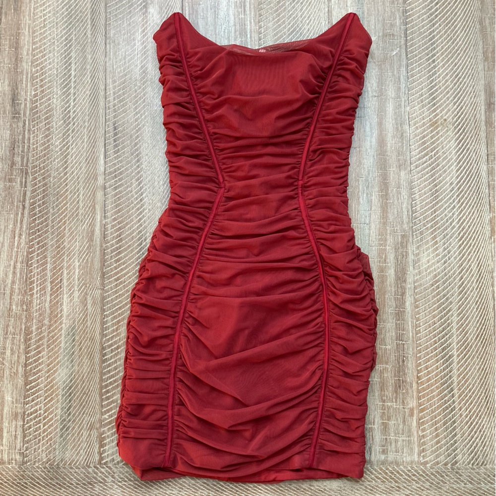 Oh Polly Red Ruched Strapless Dress